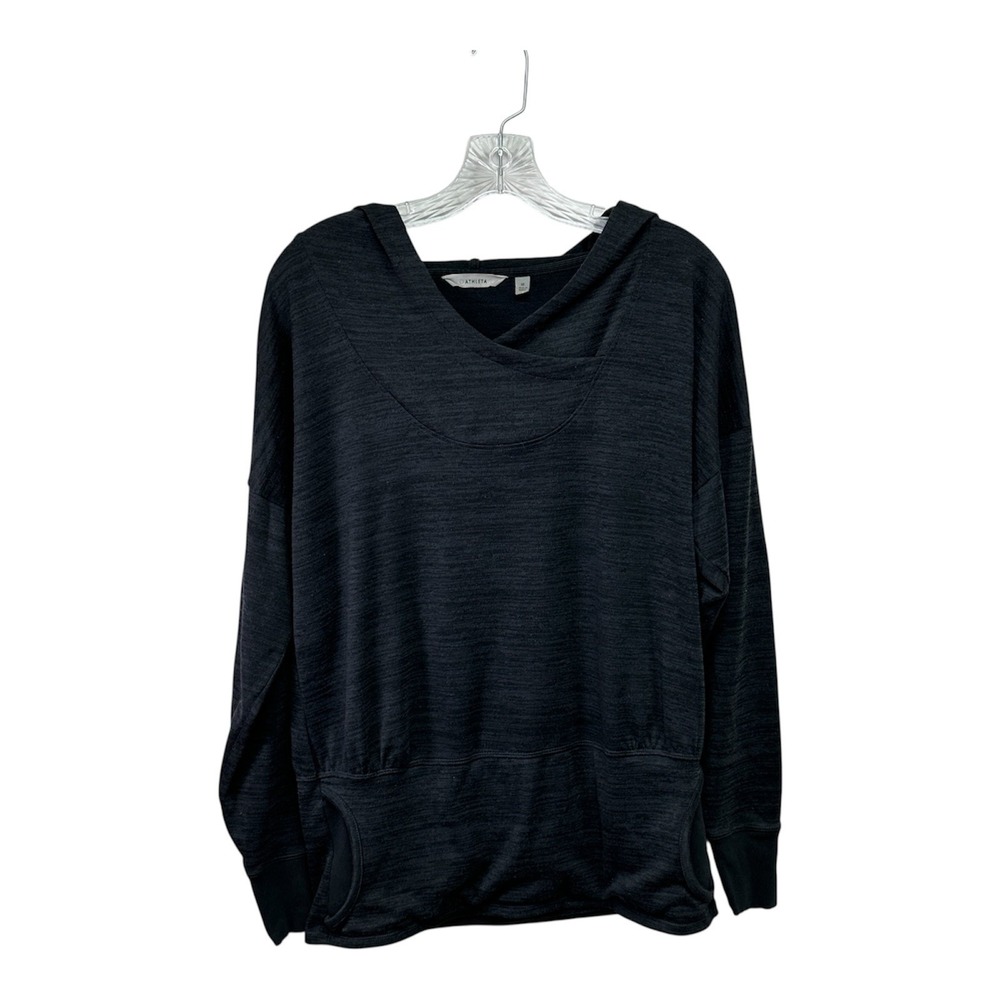 Athleta Hoodie Pullover Womens Medium Black Relaxed Fit Kangaroo Pocket Stretch